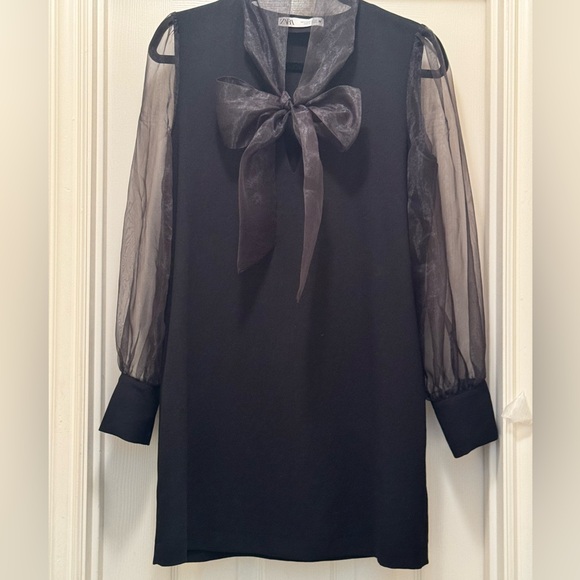 EUC Zara Women’s Black Sheer Sleeve with Bow Mini Dress Size Medium - Picture 1 of 7